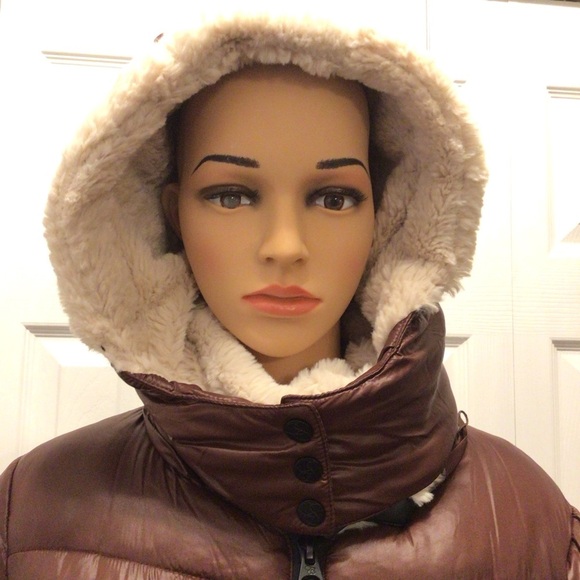 Jessica Simpson Womens Brown Hooded Faux Fur Puffer Coat Jacket Size Medium - Picture 10 of 13